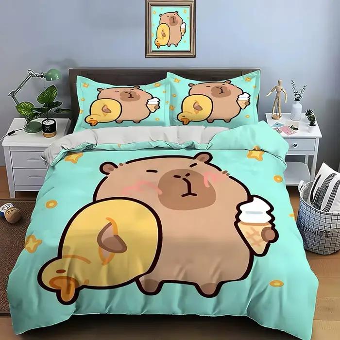 Nouvel ensemble de literie imprimé capybara mignon de dessin animé, housse de couette 1, 2 taies d'oreiller, ensemble de literie pour adultes et enfants, cadeau de Noël