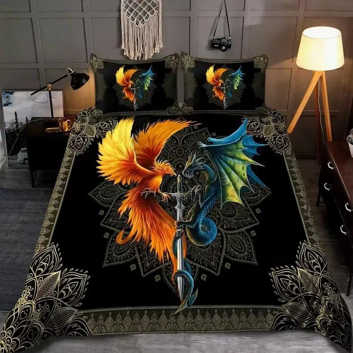 Dragon et Phoenix ensemble de housse de couette Queen King Size Fantasy World Monster ensembles de literie hommes