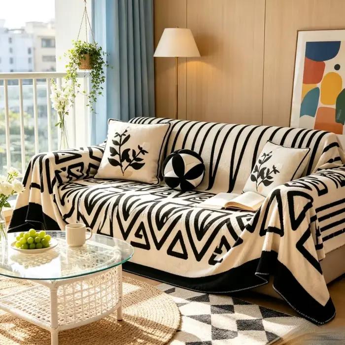 Couverture de canapé bohème noir et blanc 180x230cm