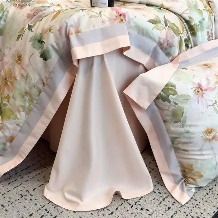Parure de lit de luxe en coton imprimé feuilles florales 600TC, housse de couette, drap plat/convient, taies d'oreiller, Double, Queen, King, 4 pièces