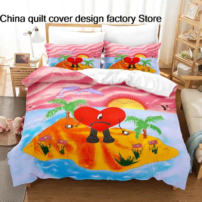 Parure de lit Bad Bunny Un Verano Sin Ti, housse de couette imprimée plage d'été, toutes tailles personnalisables, textile, tailles Twin, Full, Queen, King