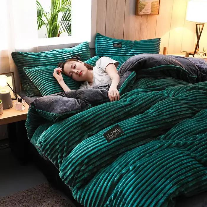 Hiver épais couleur unie velours housse de couette chaleur ensemble de literie Double doux