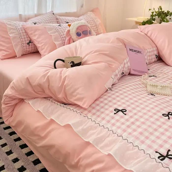 Parure de lit rose style coréen avec nœud