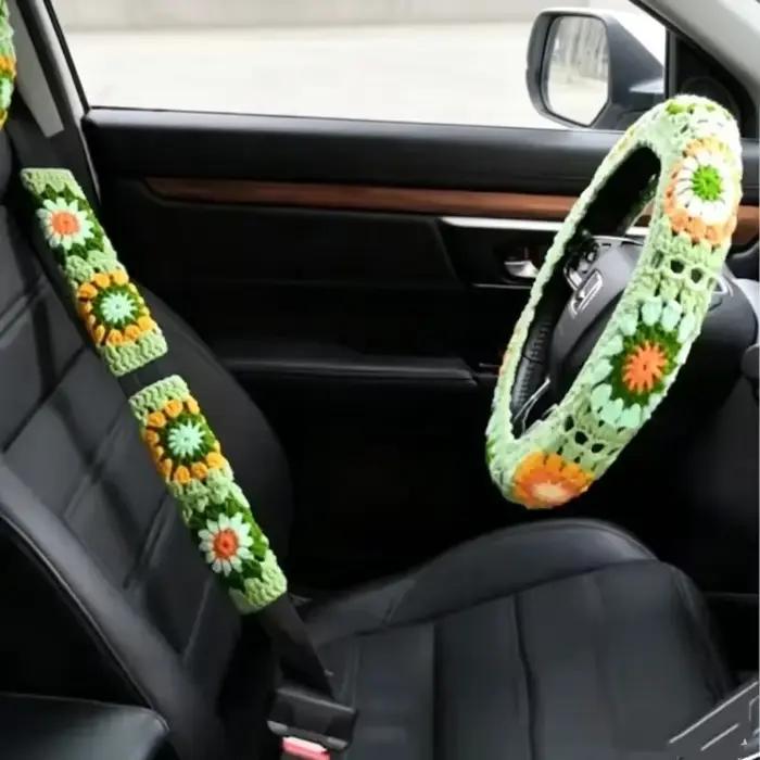 Housse de volant en crochet chaud antidérapante avec fleurs, simple et élégante, pour l'hiver, accessoire pour volant et ceinture de sécurité de voiture