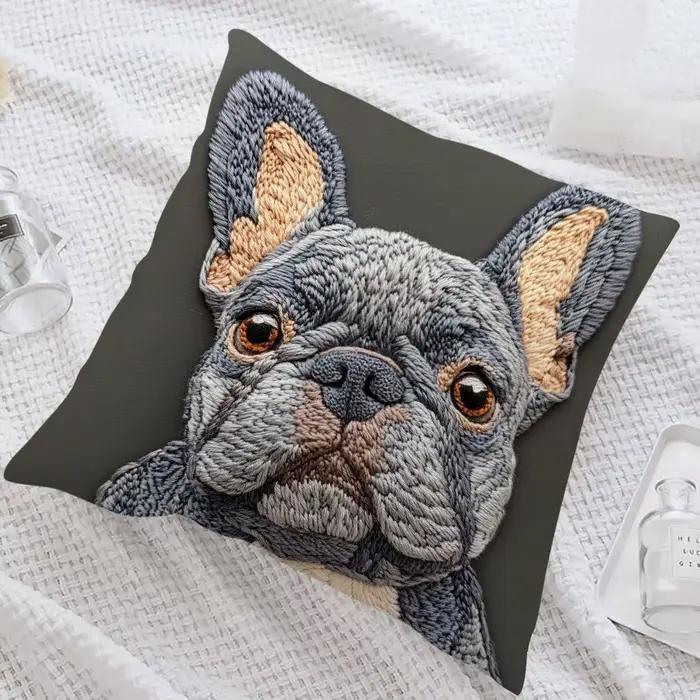 Housse de coussin à impression plate 2D bouledogue français : magie de broderie non réelle!