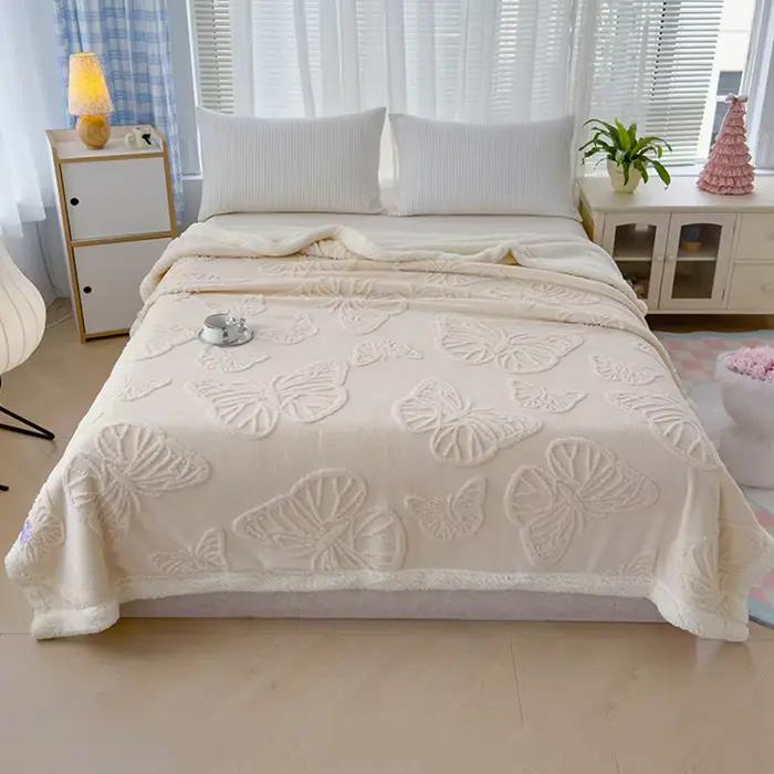 Couverture en polaire jacquard papillon avec motif 3D exquis, épaisse et chaude, en fausse laine d'agneau, pour lit et canapé, printemps-automne