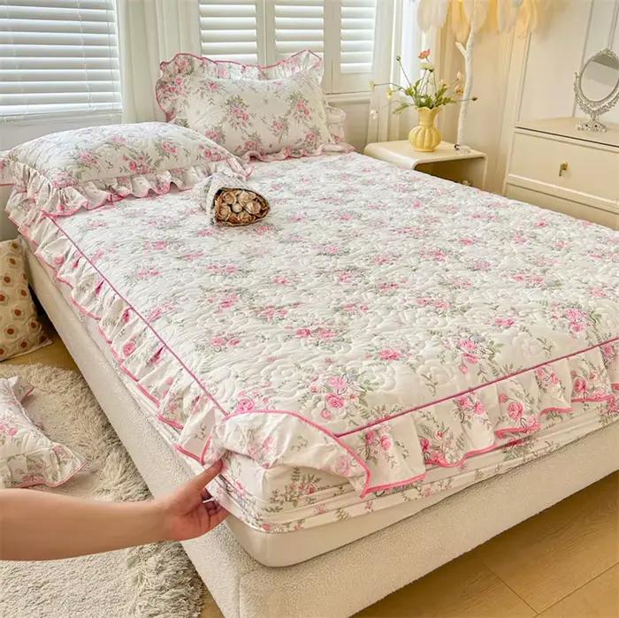 Juste de matelas en dentelle de style floral, drap-housse épaissi, couvre-lit matelassé, linge de lit en coton 100%, sans taie d'oreiller