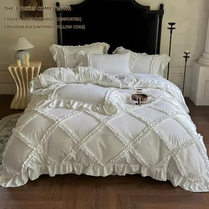 Ensemble de housse de couette à volants blancs et roses 3 pièces (1*Housse
