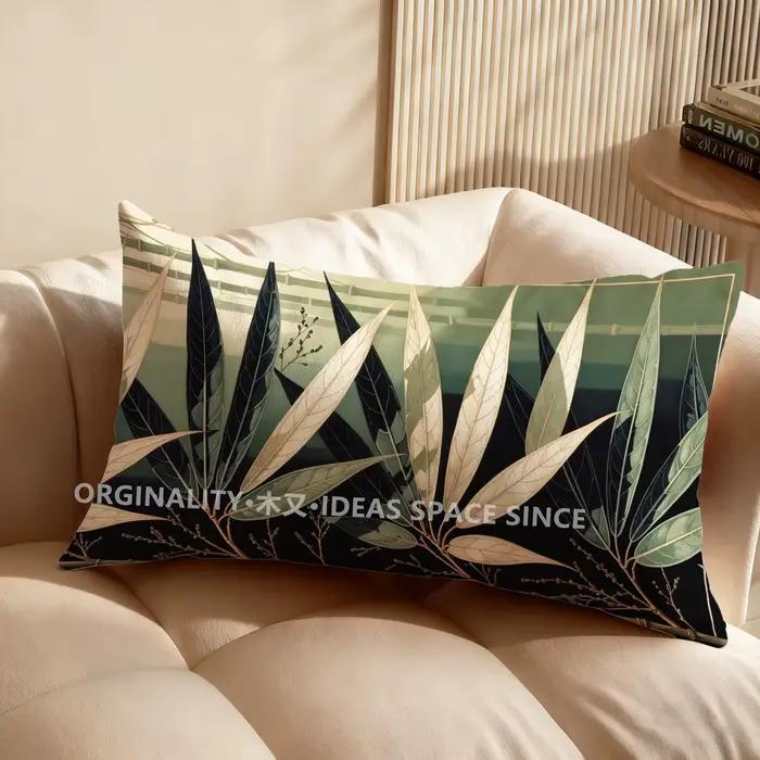 Coussin rectangulaire à motif de feuilles vertes