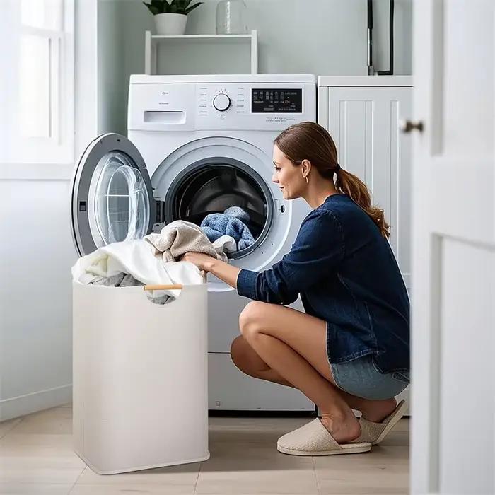 Grand panier à linge pliable avec poignées en bambou