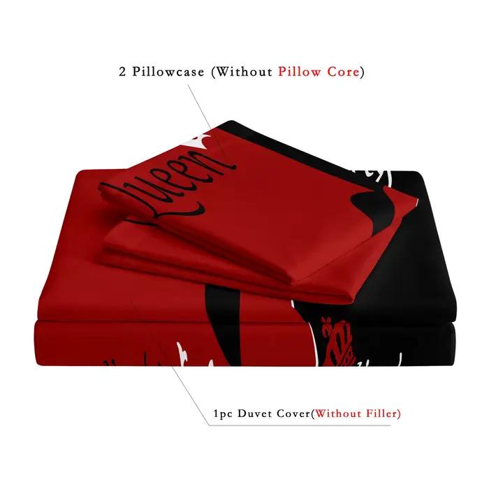 Ensemble de literie 3 pièces rouge et noir avec motif couronne et lettres anglaises