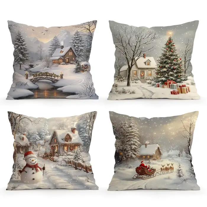 Taie d'oreiller décorative de Village d'hiver de noël 18x18 pouces, taies d'oreiller pour maison, voiture, canapé, 1 pièce/4 pièces