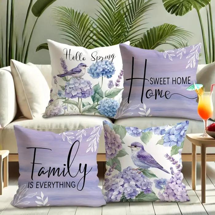 Housse de coussin en forme d'oiseau et de fleur violette