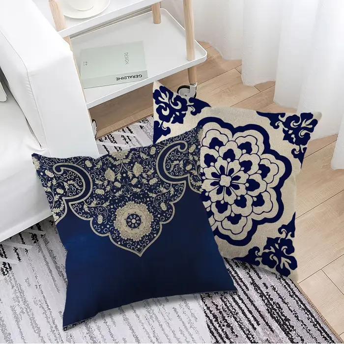 Housses de coussin florales riches, bleu marine, blanc, Chinoiserie, décor bohème Durable pour salon, chambre à coucher