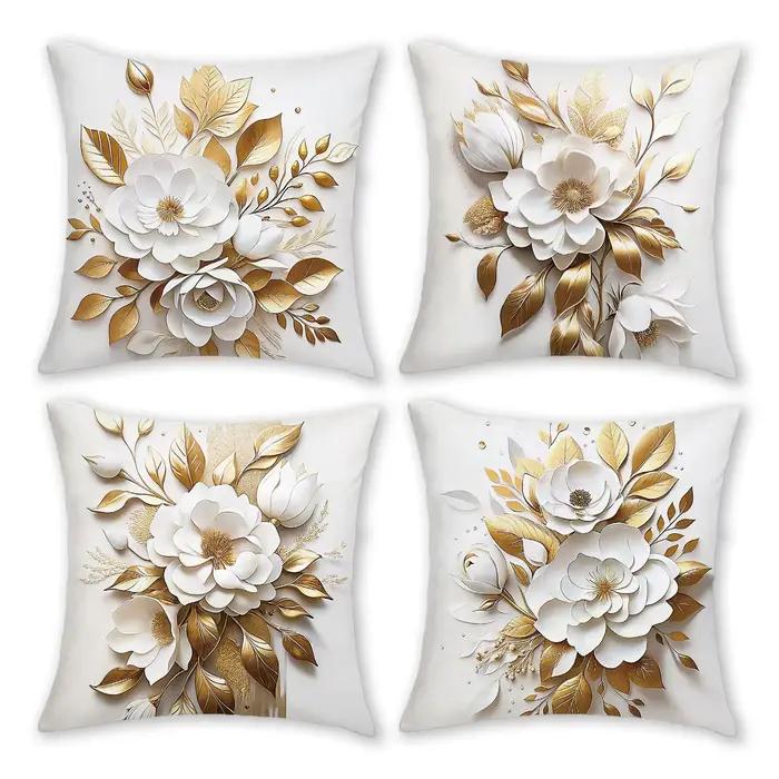 Housse de coussin florale élégante en or et blanc