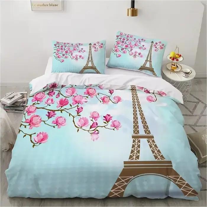 Tour Eiffel ensemble de housse de couette King Size Vintage beau bâtiment de renommée mondiale Sakura double
