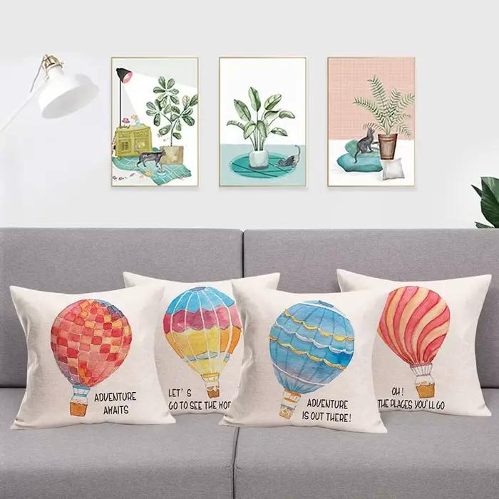 Juste de coussin en lin avec motif de ballon à air chaud