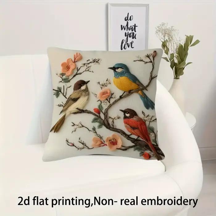 Housse de coussin vintage à motif floral et oiseaux