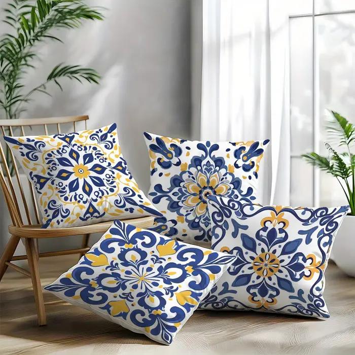 4 housses de coussin bohèmes bleu-vert-jaune