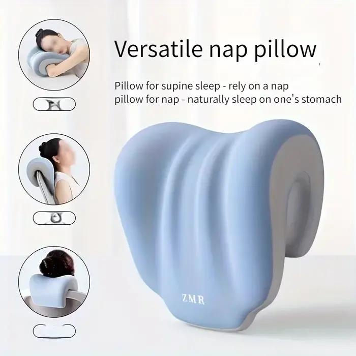 Coussin de sieste ergonomique pour le bureau, pour un sommeil naturel et en position couchée, coussin de soutien cervical portable bleu clair avec sangle réglable