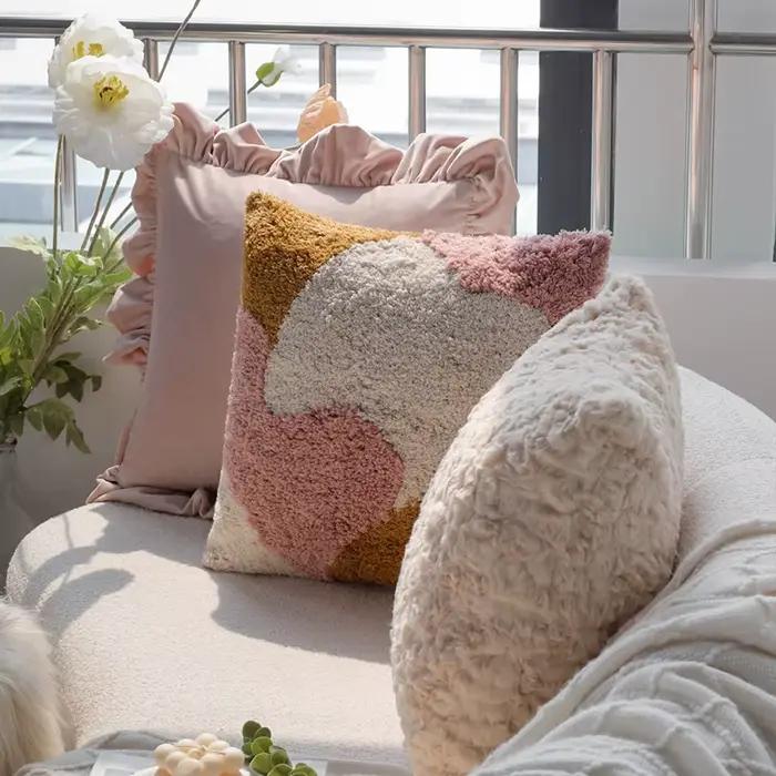 Juste de coussin touffetée brillante pour canapé d'intérieur, décoration de la maison, polyvalente, girly rose, à volants, patchwork, haute qualité
