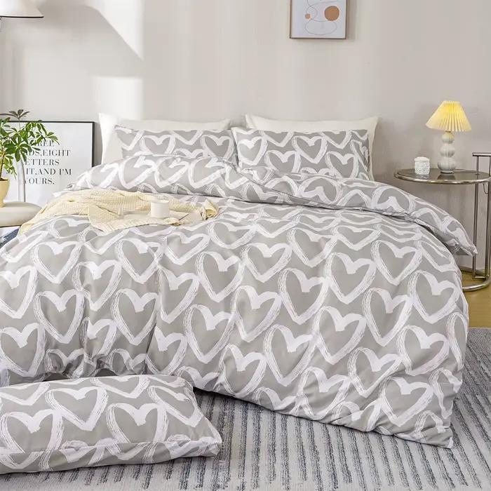 3 pièces/ensemble ensemble de housse de couette imprimé coeur-bleu et gris (1