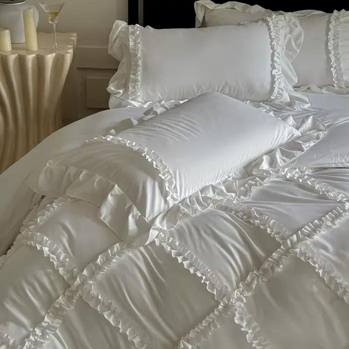 Ensemble de housse de couette à volants blancs et roses 3 pièces (1*Housse