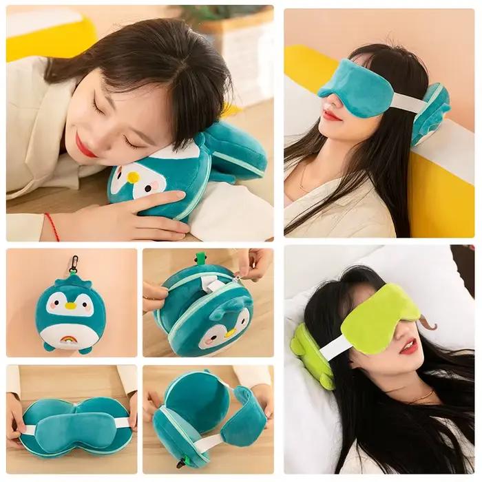 Nouvel oreiller de voyage 2-en-1 en peluche mignon avec masque pour les yeux, oreiller de bureau portable, cadeau d'anniversaire