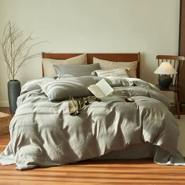 Ensemble de lit quatre pièces en fil de coton pur à trois couches, 100 coton, housse de couette simple, drap de lit, chapeau de lit en trois pièces