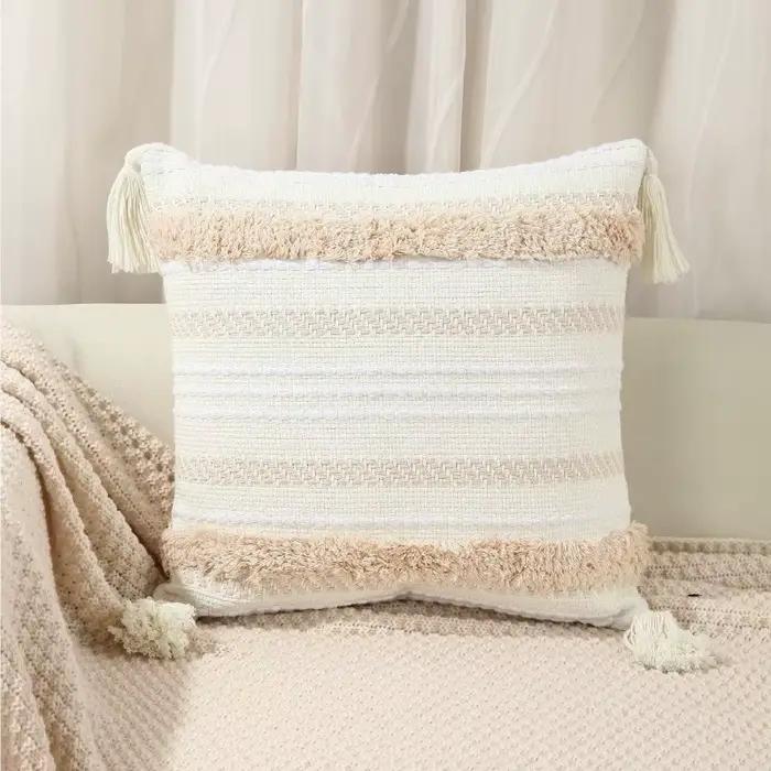 Housse De coussin bohème marocain 50x50cm, taie d'oreiller tissée touffetée en coton Beige, Funda Cogines De 45x45, décoration De maison et canapé