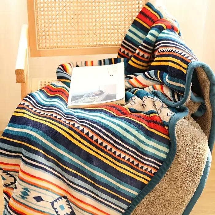 Couverture polaire à rayures nordiques – Style Boho épais et chaud double couche pour canapé