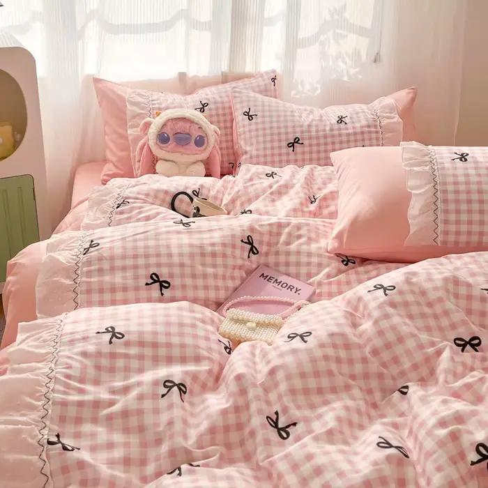 Parure de lit rose style coréen avec nœud