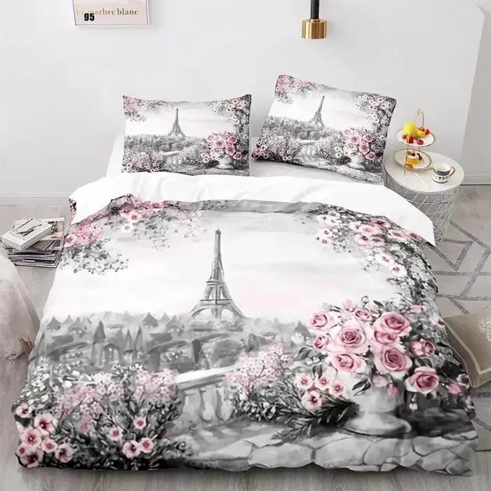 Tour Eiffel ensemble de housse de couette King Size Vintage beau bâtiment de renommée mondiale Sakura double