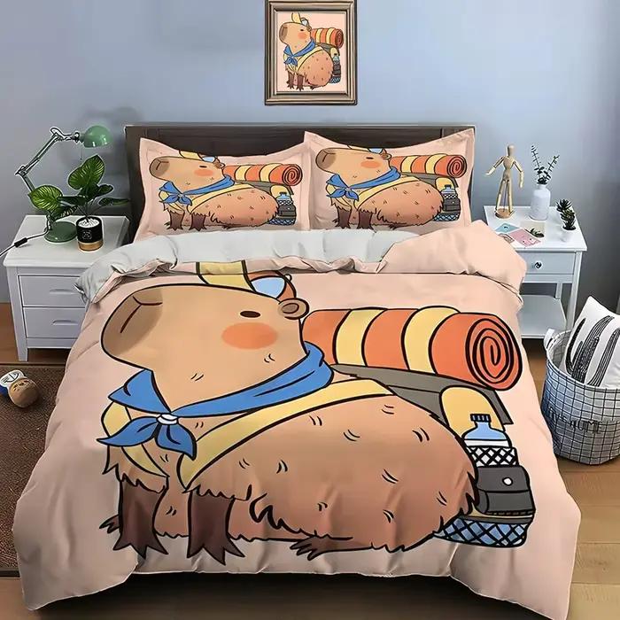 Nouvel ensemble de literie imprimé capybara mignon de dessin animé, housse de couette 1, 2 taies d'oreiller, ensemble de literie pour adultes et enfants, cadeau de Noël