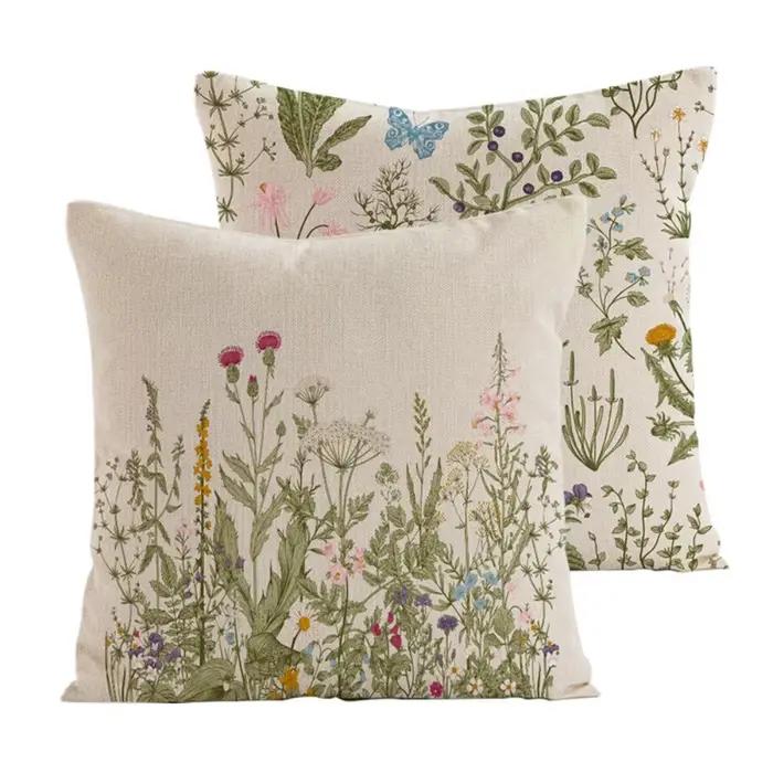 Nouvelle Housse de Coussin à Motifs Floraux Sauvages Style Ferme 45 x 45 Coussins Carrés Fins Respirants en Lin Housse de Coussin Décoration Extérieure