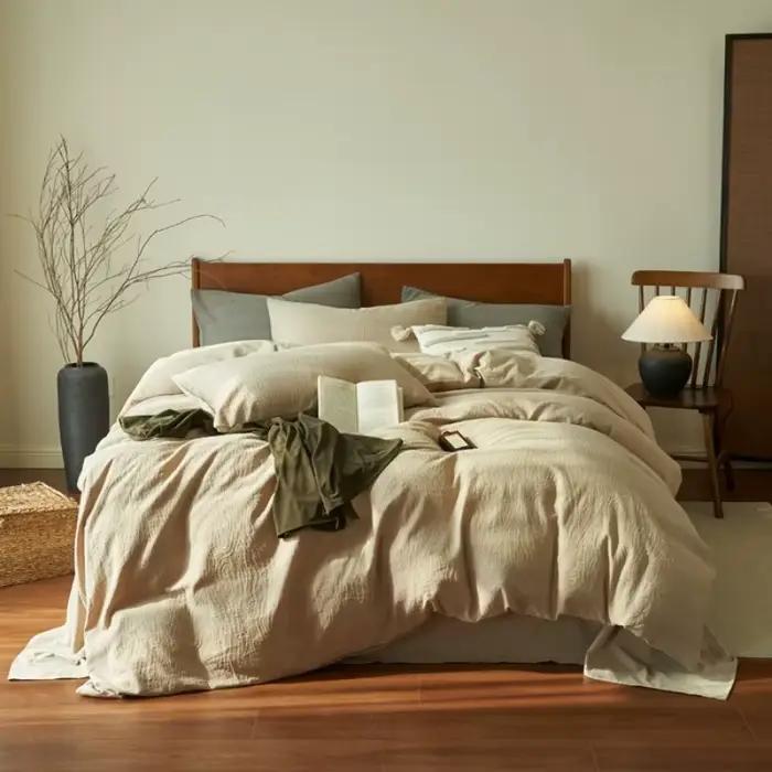 Ensemble de lit quatre pièces en fil de coton pur à trois couches, 100 coton, housse de couette simple, drap de lit, chapeau de lit en trois pièces