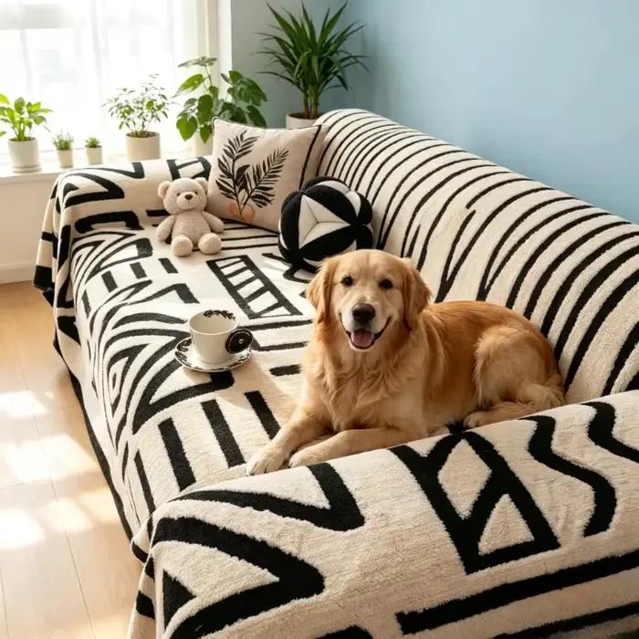 Couverture en peluche douce noire et blanche style bohème 180×230cm