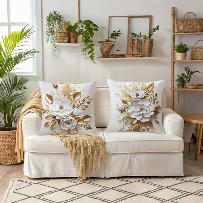 Housse de coussin florale élégante en or et blanc