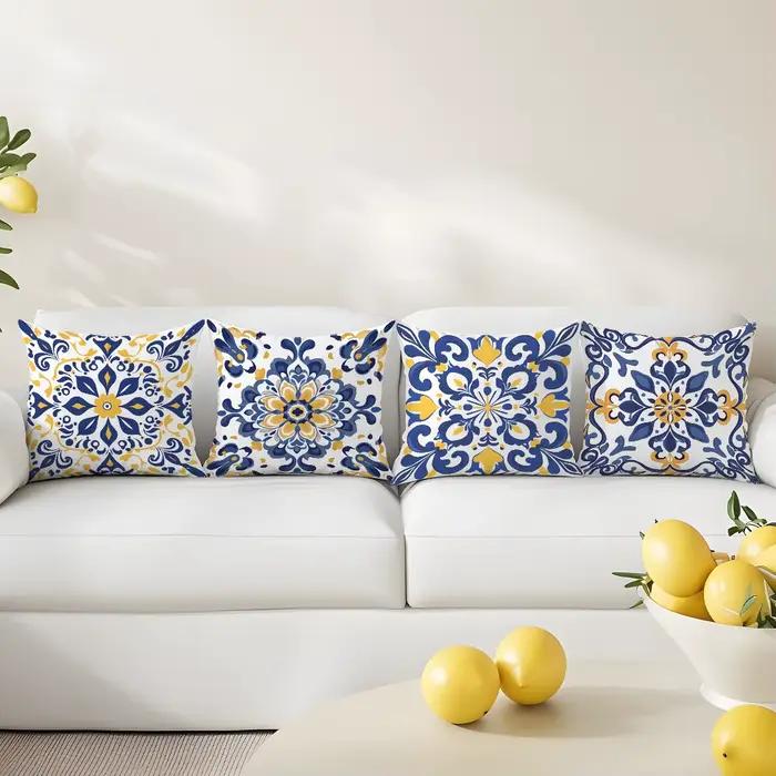 4 housses de coussin bohèmes bleu-vert-jaune