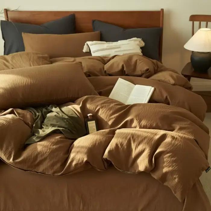Ensemble de lit quatre pièces en fil de coton pur à trois couches, 100 coton, housse de couette simple, drap de lit, chapeau de lit en trois pièces