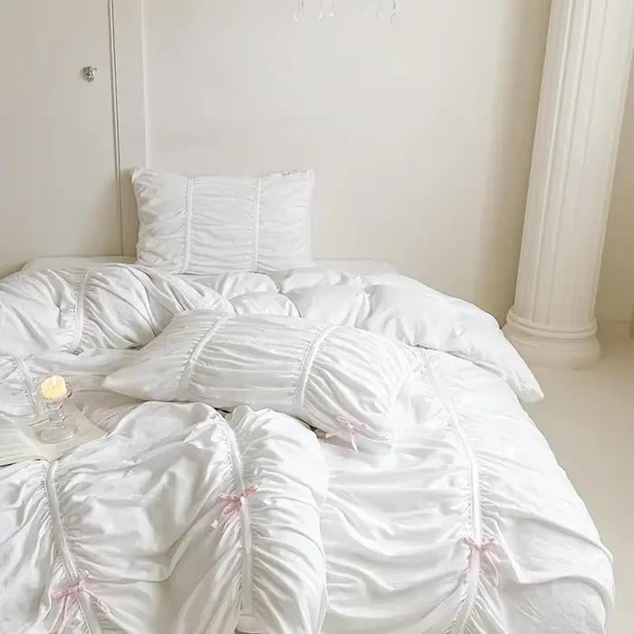 Parure de lit plissée à volants blanche en coton et microfibre pour lit double