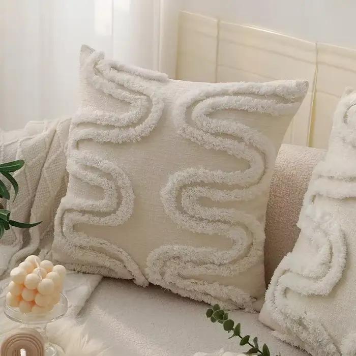 Juste de coussin tuftée géométrique en toile de coton chenille, housse de coussin de canapé brodée en peluche, oreiller décoratif pour canapé