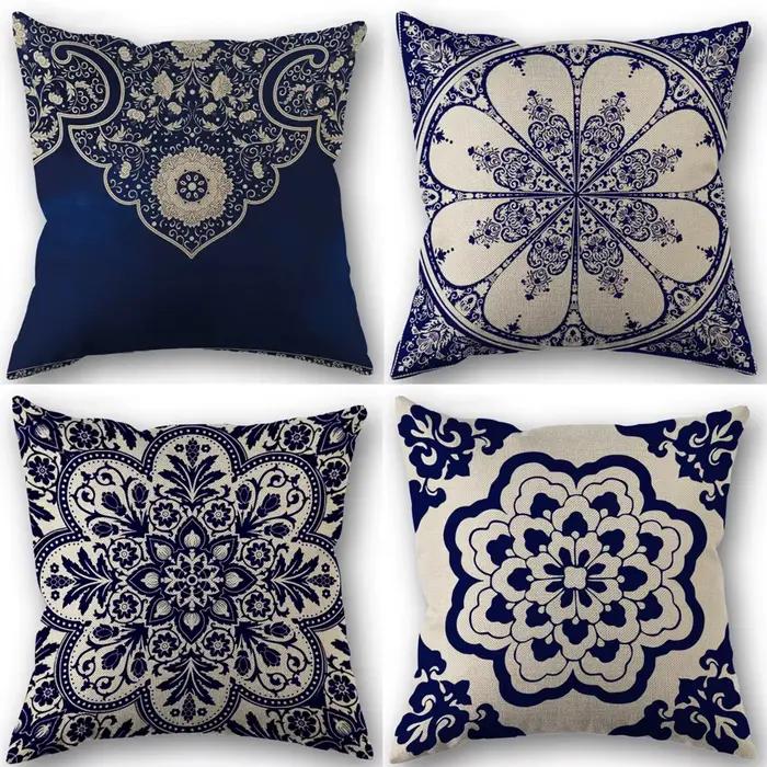 Housses de coussin florales riches, bleu marine, blanc, Chinoiserie, décor bohème Durable pour salon, chambre à coucher