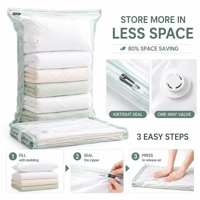 Sacs de rangement sous vide sans pompe, extra grands, pour vêtements, couvertures, literie, organisation de l'espace de rangement dans le placard