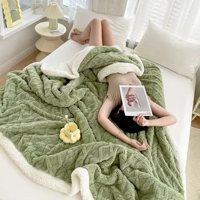 2025 hiver épaissi couverture Double face peluche Double couche 3D Jacquard couleur unie bureau sieste dortoir maison lit canapé T