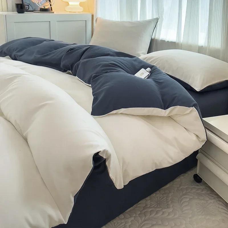 Parure de lit en tissu brosse de couleur unie, 2 côtés, 4 pièces, housse de couette, taie d'oreiller, drap de lit, housse de couette, simple, Queen, King Size