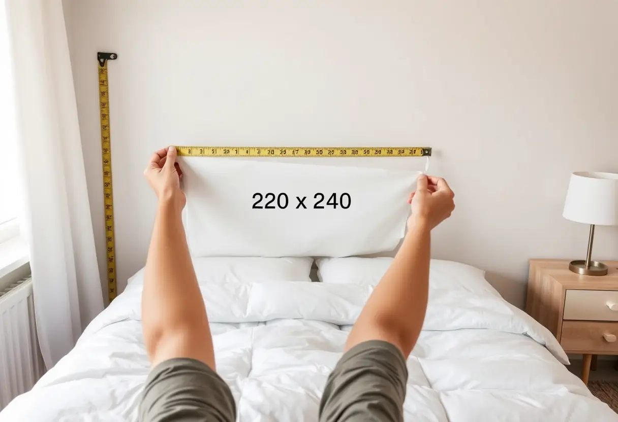 Des mains mesurent avec soin les dimensions d'une couette 220x240 contre un mètre fixé au mur dans une chambre