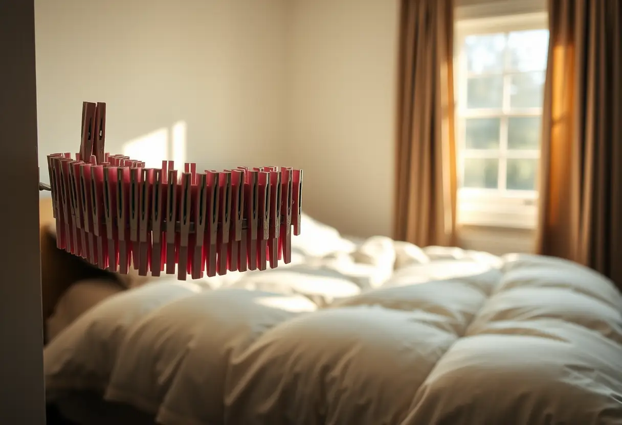 Un porte-clips en bois rempli de clips à linge, près d'un drap de lit bien plié, lumière de fin d'après-midi