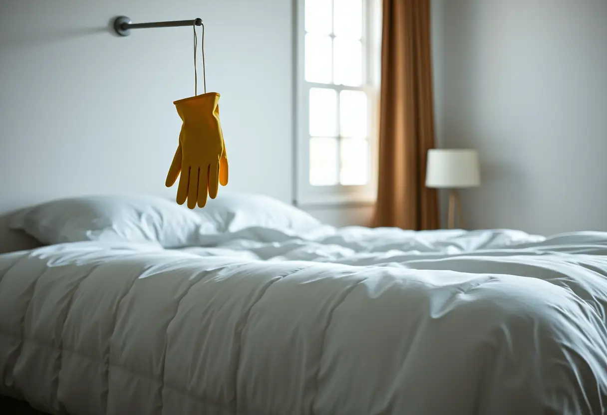 Un gant en caoutchouc accroché près d'un matelas plié sur un grand lit