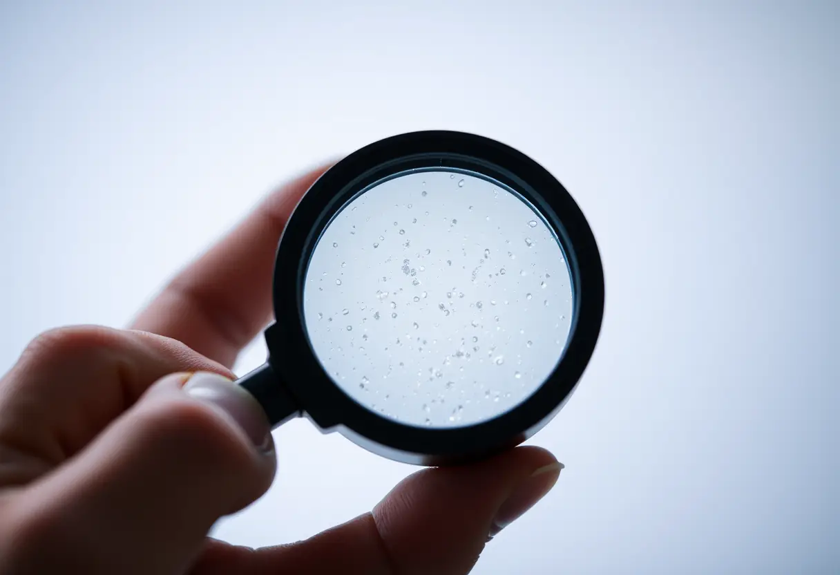 Une main tenant une loupe au-dessus d'une lamelle de microscope, révélant des points minuscules, représentant des menaces invisibles